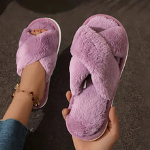 Load image into Gallery viewer, Cross Warm Fluffy Furry Slippers Women Lightweight Flat Heels Fur Slides Woman Autumn Winter Open Toe Non Slip Home Floor Shoes
