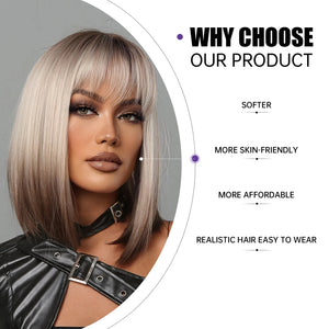 Short Straight Synthetic Wigs for Women Blonde to Brown Ombre Bob Wigs with Bangs Daily Cosplay Party Heat Resistant Fake Hair