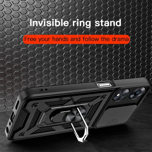 KEYSION Shockproof Armor Case for OPPO A78 5G A98 5G Slide Camera Lens Protection Ring Stand Phone Back Cover for OPPO A58 X 5G