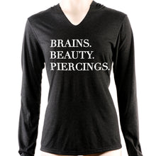 Load image into Gallery viewer, Brains Beauty &amp; Piercings Tapered Long Sleeve Hoodie
