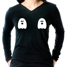 Load image into Gallery viewer, Halloween Glow in the Dark Ghost Boobies Tee Tapered Long Sleeve Hoodie
