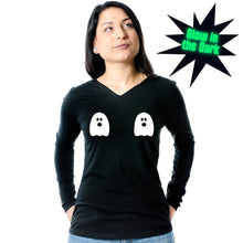 Load image into Gallery viewer, Halloween Glow in the Dark Ghost Boobies Tee Tapered Long Sleeve Hoodie
