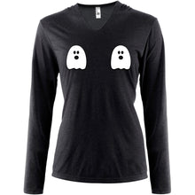 Load image into Gallery viewer, Halloween Glow in the Dark Ghost Boobies Tee Tapered Long Sleeve Hoodie
