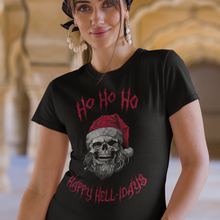 Load image into Gallery viewer, Holiday Skeleton Santa Claus Black Tee Shirt
