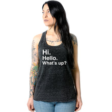 Load image into Gallery viewer, Hi. Hello. What's up? Black Gray Cosmic Twist Back Tank Top
