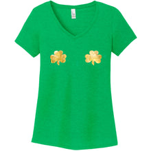 Load image into Gallery viewer, Lucky Gold Shamrocks Green Frost V-Neck Boobies Tee Shirt
