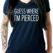 Load image into Gallery viewer, Guess Where I'm Pierced Navy Tapered V-Neck Tee Shirt
