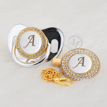 Load image into Gallery viewer, Luxury Modern Diamond Pacifier and Chain Gold Set With Initials Letter White Elegant A Beautiful Pacifier and Pacifier lip

