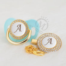Load image into Gallery viewer, Luxury Modern Diamond Pacifier and Chain Gold Set With Initials Letter White Elegant A Beautiful Pacifier and Pacifier lip
