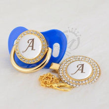 Load image into Gallery viewer, Luxury Modern Diamond Pacifier and Chain Gold Set With Initials Letter White Elegant A Beautiful Pacifier and Pacifier lip
