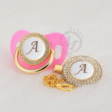 Load image into Gallery viewer, Luxury Modern Diamond Pacifier and Chain Gold Set With Initials Letter White Elegant A Beautiful Pacifier and Pacifier lip
