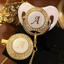 Load image into Gallery viewer, Luxury Modern Diamond Pacifier and Chain Gold Set With Initials Letter White Elegant A Beautiful Pacifier and Pacifier lip
