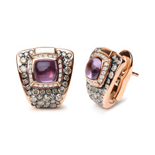 Load image into Gallery viewer, 18K Rose Gold 1 1/2 Cttw Round Diamond and 7mm Cushion Cut Purple Amethyst Gemstone Geometrical Statement Stud Earrings (Brown and G-H Color, SI1-SI2 Clarity)

