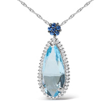 Load image into Gallery viewer, 18K White Gold 3/8 Cttw Pave Set Diamond and Sky Blue Topaz and Blue Sapphire Gemstone Floral Teardrop Halo 18" Pendant Necklace (G-H Color, SI2-I1 Clarity)
