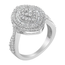 Load image into Gallery viewer, .925 Sterling Silver 1.0 Cttw Round &amp; Baguette-Cut Diamond Marquise-Shaped Cluster Triple Stepped Halo Cocktail Fashion Ring (I-J Color, I2-I3 Clarity) - Size 7
