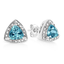 Load image into Gallery viewer, .925 Sterling Silver 6x6 mm Trillion Cut Blue Topaz Gemstone and Diamond Accent Stud Earring (I-J Color, I1-I2 Clarity)
