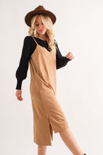 Load image into Gallery viewer, Faux Suede Cut Edge Slit Cami Midi Dress – Elegant Midi Dress, Faux Suede Dress, Chic Slit Dress, Sophisticated Dress, Versatile Cami Dress
