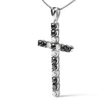 Load image into Gallery viewer, .925 Sterling Silver 2.0 Cttw Prong Set Round Natural Treated Black and White Diamond Cross Pendant Necklace - 18" (Black/H-I Color, I3 Clarity)
