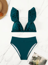 Load image into Gallery viewer, New Elegance Curve V-Neck Bikini Set – Sleek Solid Color High Waist Swimsuit with High-Cut Leg and Delicate Lettuce Trim – Stretch Comfort and Easy-Care Two-Piece Swimwear for Women’s Poolside Style
