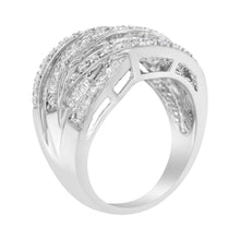 Load image into Gallery viewer, .925 Sterling Silver 1.0 Cttw Channel Set Alternating Round and Baguette Diamond Cross-over Bypass Ring Band (I-J Color, I2-I3 Clarity) - Size 7
