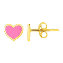 Load image into Gallery viewer, 14k Yellow Gold and Enamel Pink Heart Stud Earrings
