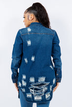 Load image into Gallery viewer, American Dark Blue Bazi Distressed Button Up Long Sleeve Jacket Trendy Buttoned Jacket with Distressed Finish for Women
