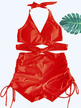 Load image into Gallery viewer, Coastal Curve Halter Bikini Set for Women – V-Neck Crisscross Drawstring Swimsuit with Chic Ring Detail &amp; High-Waisted Boxer Shorts for Summer – Sleek Two-Piece Nylon Swimwear for Women’s Beach &amp; Poolside Style

