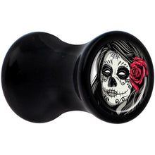 Load image into Gallery viewer, Black Acrylic Katrina Sugar Skull with Rose Flower Saddle Plug Set 4G
