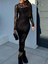Load image into Gallery viewer, Black Lace Round Neck Long Sleeve Midi Dress Timeless &amp; Elegant Design Women Dress
