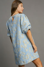 Load image into Gallery viewer, Floral Blue Jacquard Puff Sleeve Mini Dress Elegant Vintage-Inspired Dress for Women
