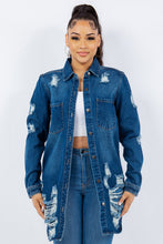 Load image into Gallery viewer, American Dark Blue Bazi Distressed Button Up Long Sleeve Jacket Trendy Buttoned Jacket with Distressed Finish for Women

