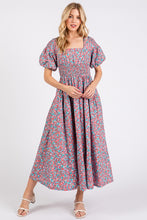 Load image into Gallery viewer, New Summer Smocked Floral Square Neck Puff Sleeve Midi Dress – Vintage-Inspired, Feminine, Trendy, Romantic, and Flattering Fit
