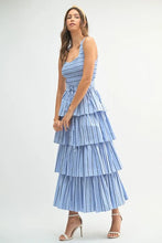 Load image into Gallery viewer, Pin Stripe Smocked Bodice Layered Midi Dress – Smocked Bodice Dress, Fluttering Pinstripe Midi Dress, Layered Midi Dress, Trendy Midi Dress, Flattering Pinstripe Dress

