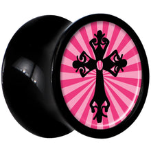 Load image into Gallery viewer, Black Acrylic Pink Black Radiant Cross Saddle Plug Set 0G
