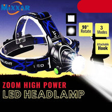 Load image into Gallery viewer, Adjustable Rechargeable Waterproof Brightest Zoomable LED Lightweight Hands Free Headlamp High Power For Adult Hunting Camping Running Hiking Riding Fishing Rechargeable T6 Chip Headlight
