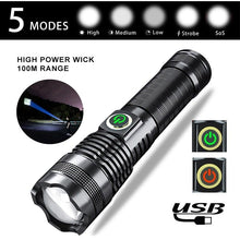 Load image into Gallery viewer, Adjustable Rechargeable  Waterproof LED Flashlights Rechargeable High Lumens Torchlight Zoomable Torch USB Charging Waterproof 5 Modes With Power Display For Camping Hiking Outdoor Emergency
