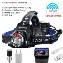 Load image into Gallery viewer, Adjustable USB Rechargeable IR Sensor Super Bright Headlight Battery For Long Working Time LED Headlamp Fishing  Waterproof Head Light Lamp Perfect For Running  Camping
