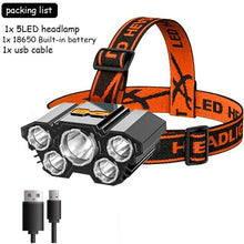 Load image into Gallery viewer, Adjustable USB Rechargeable Torch Lamp Built-in Battery 5 Led Strong Headlight Waterproof  Rechargeable Super Bright Head-Mounted Flashlight For Outdoor Night Camping
