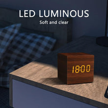 Load image into Gallery viewer, Alarm Clock LED Wooden Watch Digital Alarm Clock with Wooden Electronic LED Time Display 3 Alarm Settings Humidity &amp; Temperature Detect Wood Made Electric Clocks Table Voice Control Digital Wood USB/AAA Powered Electronic Desktop Clocks
