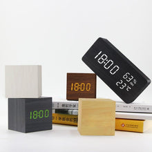 Load image into Gallery viewer, Alarm Clock LED Wooden Watch Digital Alarm Clock with Wooden Electronic LED Time Display 3 Alarm Settings Humidity &amp; Temperature Detect Wood Made Electric Clocks Table Voice Control Digital Wood USB/AAA Powered Electronic Desktop Clocks
