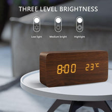 Load image into Gallery viewer, Alarm Clock LED Wooden Watch Digital Alarm Clock with Wooden Electronic LED Time Display 3 Alarm Settings Humidity &amp; Temperature Detect Wood Made Electric Clocks Table Voice Control Digital Wood USB/AAA Powered Electronic Desktop Clocks
