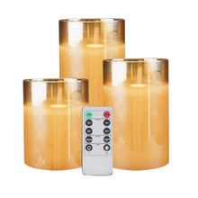 Load image into Gallery viewer, Amber Glass LED Flameless Candles Real Pillar Wax Flickering Moving Wick Effect Gold Halloween Glass Candle Set with Remote Control Cycling Timer Flickering With Remote Battery Operated For Wedding Festival Decorations Gift
