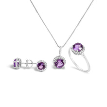 Load image into Gallery viewer, 10K White Gold Purple Amethyst and 3/8 Cttw Diamond Halo Jewelry Set (Earrings, Pendant &amp; Ring)
