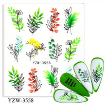 Load image into Gallery viewer, Autumn Simple Green Pink Pattern Water Nail Decal Sticker Flower Leaf Tree Winter Slider For Nail Art Manicuring Decoration Decals for Nail Art Decoration Including Hearts Stars Letters Bowknot Leaves Flowers Plants Fruits Butterflies
