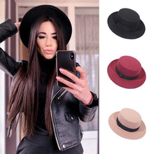 Load image into Gallery viewer, Autumn Winter Polyester Flat Top Hat For Women's Luxury Wide Fedora Hat Jazz Cap Classic Wide Hat Women Comfortable Elegant Hat For Summer Classic Design
