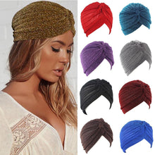 Load image into Gallery viewer, Autumn Winter Warm Headwear Soft Shine Silver Gold Lightweight Knot Twist Turban Headbands Cap Casual Streetwear Hats For Women

