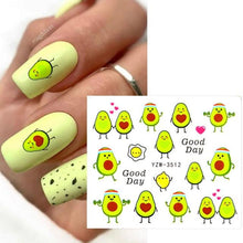 Load image into Gallery viewer, Avocado Fruit Transfer Nail Stickers Charms Winter Water Sticker For Nails Sliders Character Image Tattoo Decal Decoration Cute Summer Nail Art Stickers Summer Fruit Stickers on Nails Unicorn Banana Cherry Avocado Dog Strawberry Nail Art Decals
