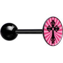 Load image into Gallery viewer, Pink Black Radiant Cross Black Barbell Tongue Ring
