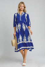 Load image into Gallery viewer, Royal Blue Printed Notched Midi Dress Elegant &amp; Timeless Dress For Every Occasion
