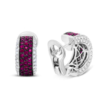 Load image into Gallery viewer, 18K White Gold and Black Rhodium Plated 3/4 Cttw Round Diamonds and 1mm Round Red Ruby Huggie Hoop Earrings (F-G Color, VS1-VS2 Clarity)
